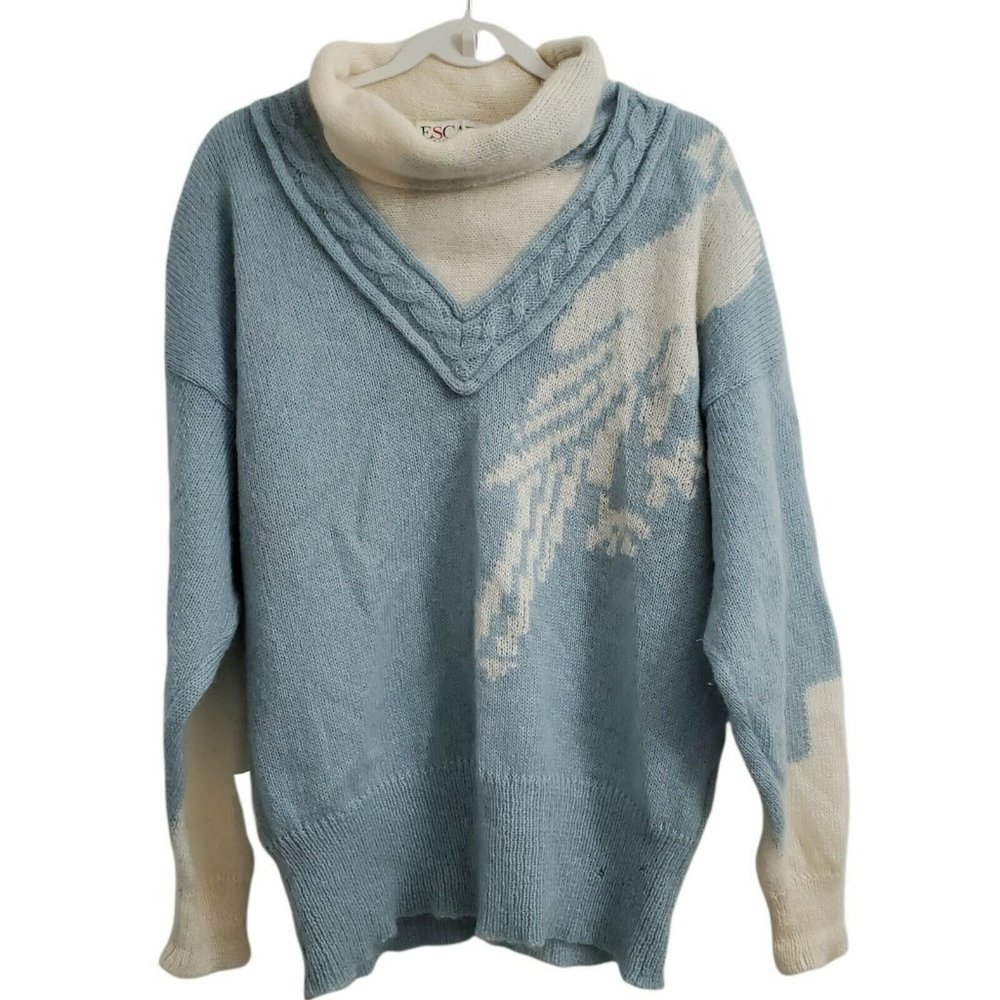 Escada Sweater Womens Mohair Oversized Cowl Neck Pullover  Light Blue Cream